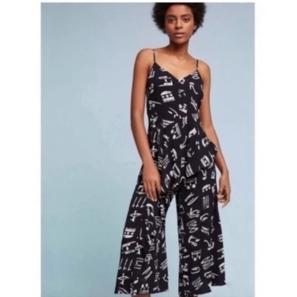 Anthropologie Maeve Black Day Trip Cropped Wide Leg Printed Jumpsuit
